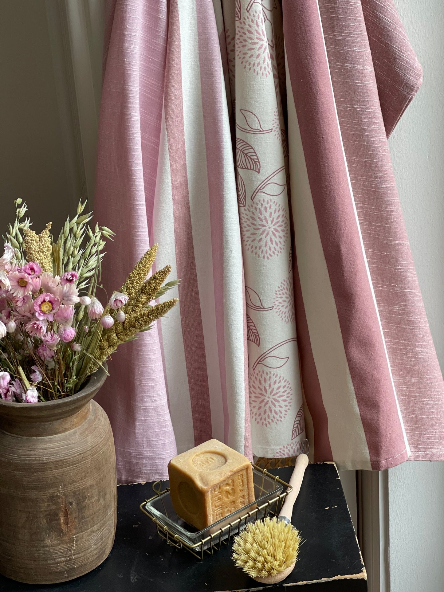 tea towel wide stripes ash rose